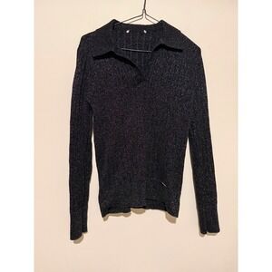 Nine West Black Metallic Shimmer Ribbed Polo Sweater Long Sleeve V-Neck Top